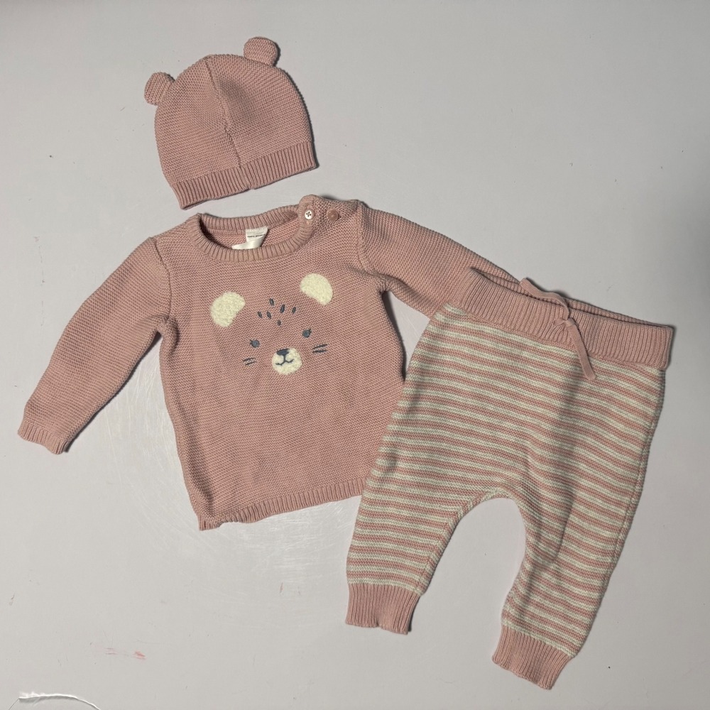 Carters Just One You Pink Knit Bear Sweater Striped Pants Hat 3pc Set 6m